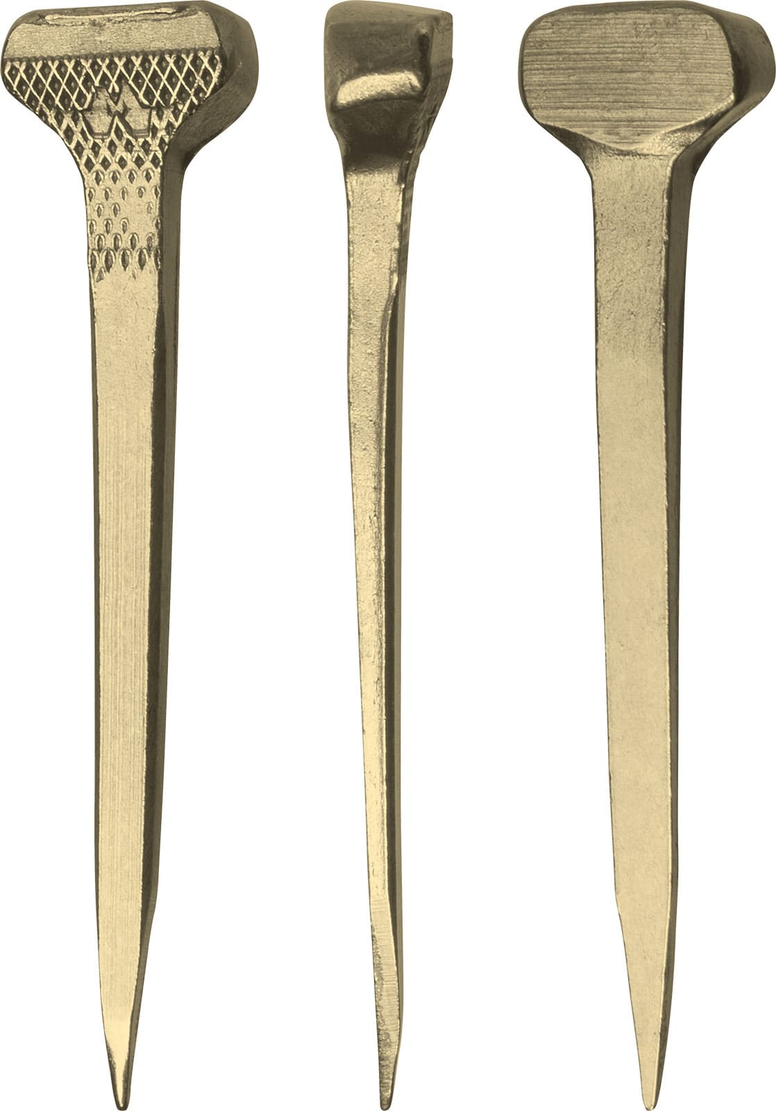 Mustad Endure HammerHead hoof nails, front, side and back views